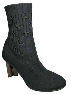 Louis Vuitton Silhouette Sock Ankle Boots Monogram Heel Logo Knit EU 36.5 US 6.5